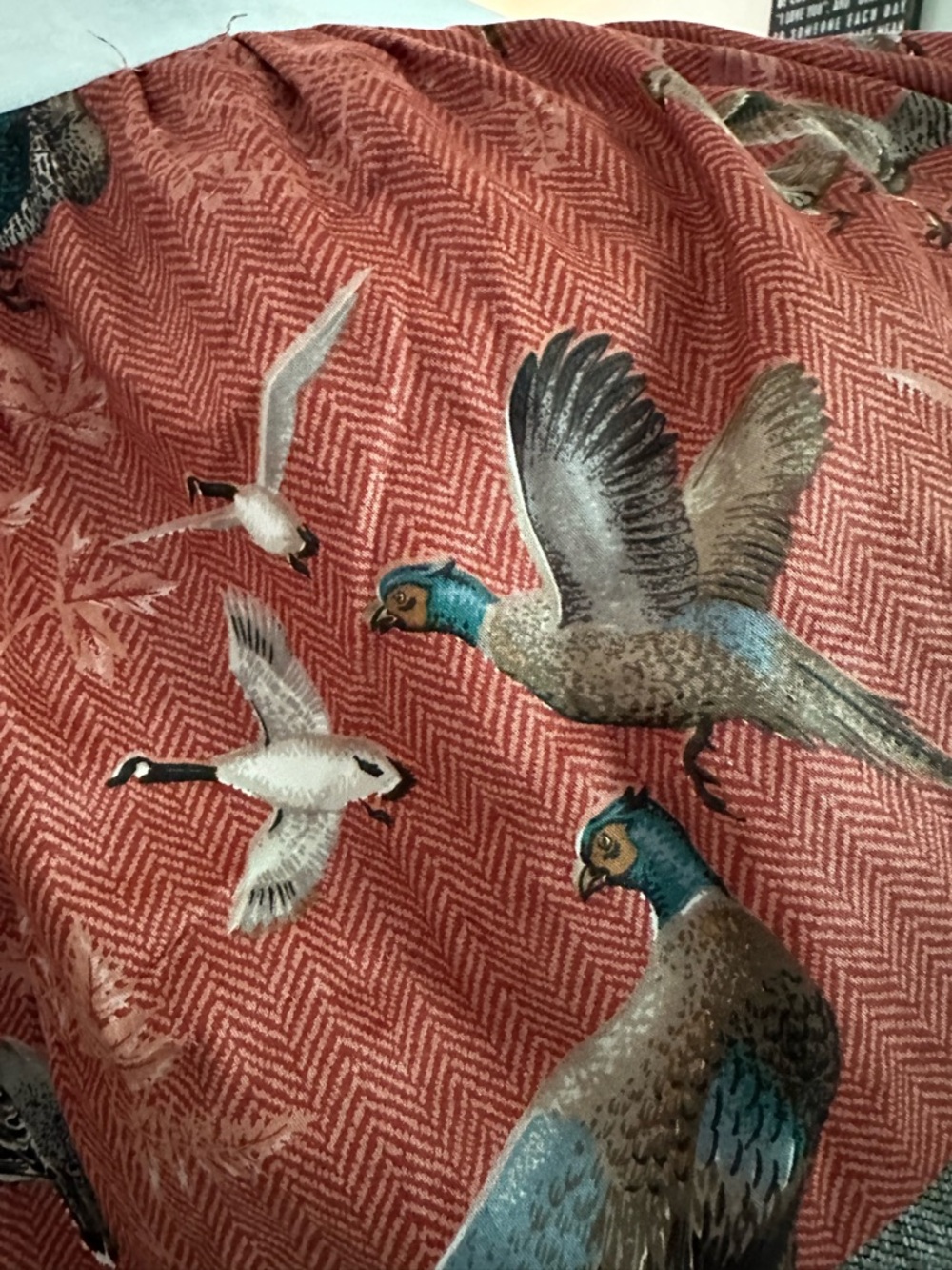 Custom TWIN Bedskirt, warm rust‑red herringbone/beige - gamebird print design